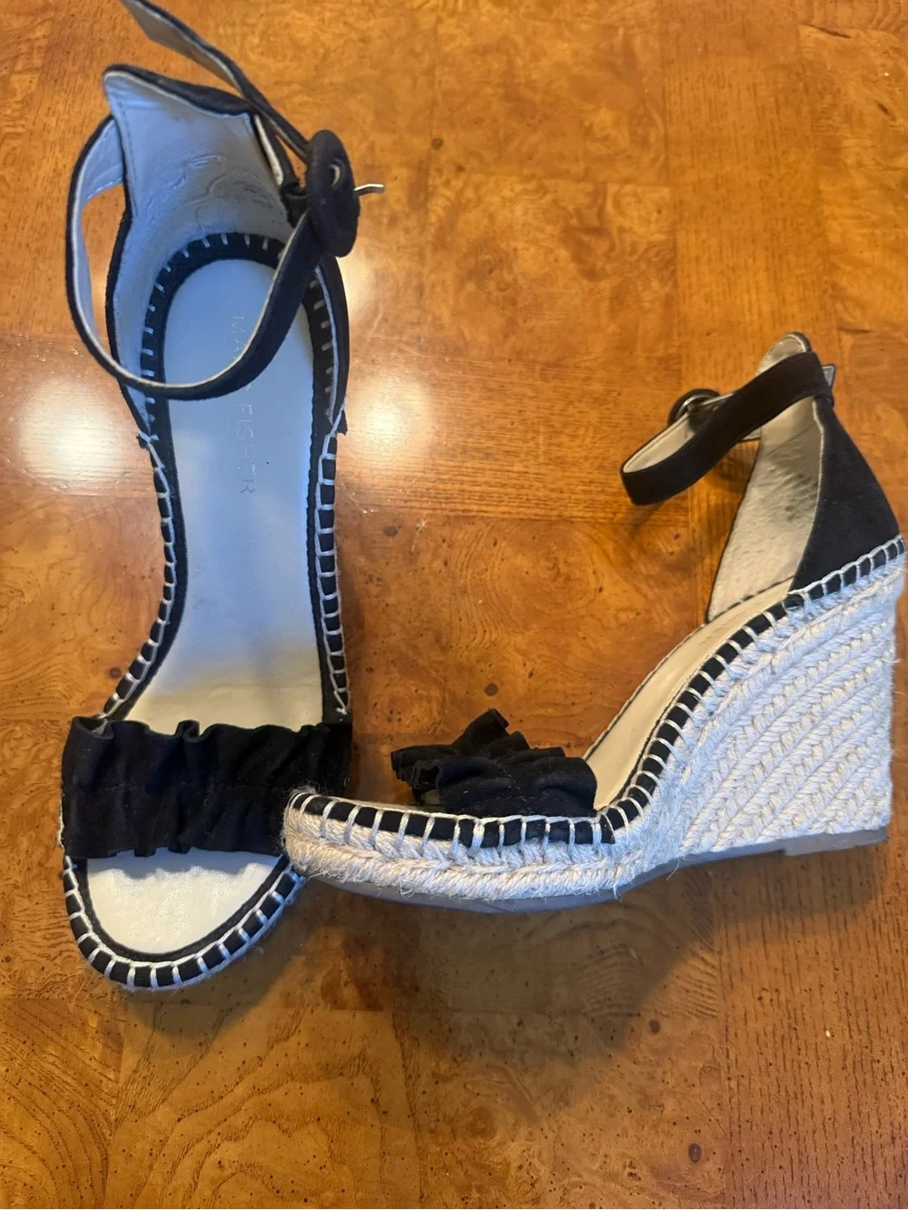 Marc Fisher Black Suede Espadrille Ruffle Strappy Wedge Sandals Size 6